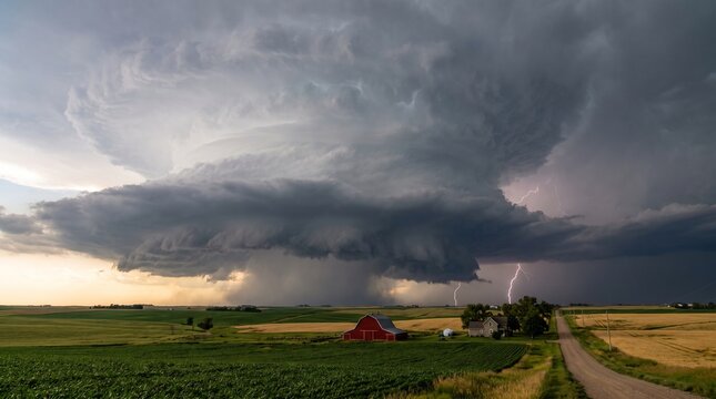 Massive Supercell Storm Cloud Towering Over Rural Farmland with Old Barn and Dirt Road