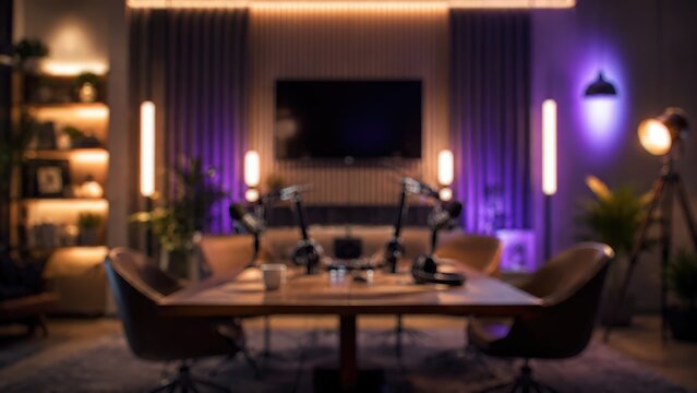 Podcast studio blurred background broadcasting equipment microphones table headphones professional radio station recording room purple lighting