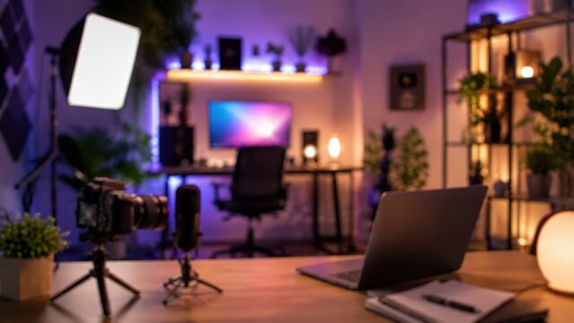 Home studio streaming setup professional content creator workspace blurred background video production equipment laptop camera microphone neon light