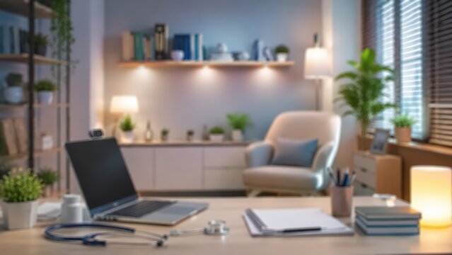 medical doctor office desk stethoscope laptop notebook professional workspace blurred background telehealth clinic interior healthcare concept