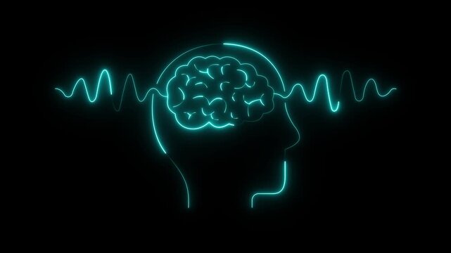 Glowing neon Human brain scan icon with wave lines on black background. Pulse wave in study neurology. animation