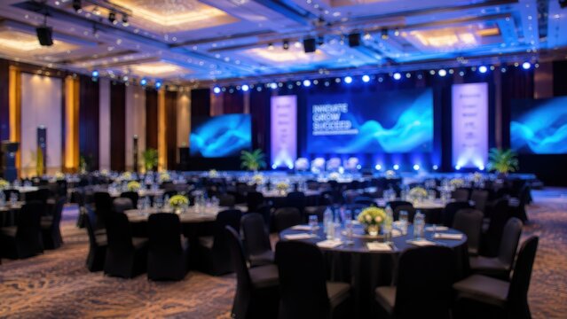 Conference banquet hall gala dinner business event blurred background luxury ballroom seminar venue staging lighting