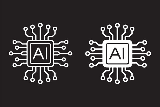 Artificial intelligence AI processor chip black line icon set. AI Processor circuit symbol logo. Mini AI CPU icon collection. powered ai chip silhouette icon vector set. AI chip icon 
