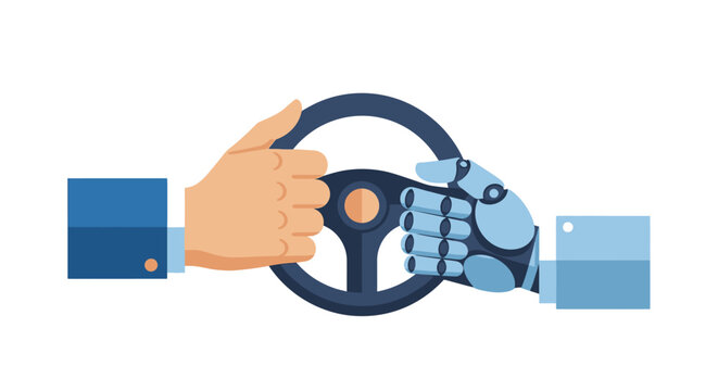 Human and Robotic Hand Holding a Steering Wheel Together, Autonomous Driving and AI Collaboration Concept Flat Illustration