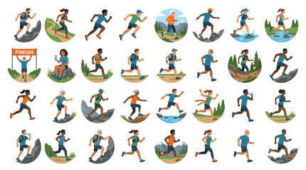 Obraz premium Collection of Diverse People Running in Various Landscapes and Outdoor Environments.