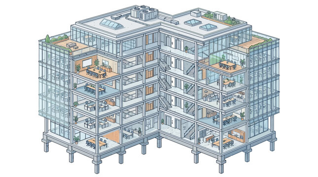 Isometric cross section of a modern multi floor office building