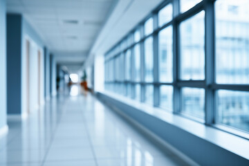 Fototapeta premium Blurred view of a long modern office corridor with large windows and reflective floor