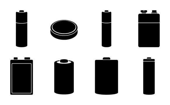 Diverse Battery Icons Set: AA, AAA, Button Cell, 9V, Power Storage, Energy Source, Rechargeable, Electrical