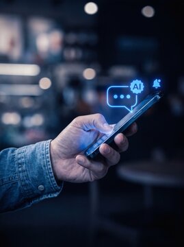 Person using smartphone with artificial intelligence chatbot notification icons