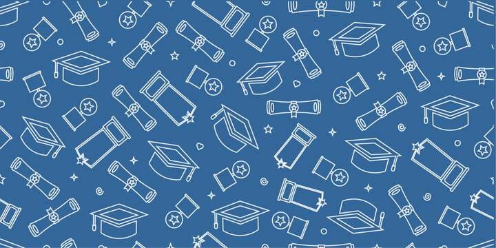 Graduation theme doodle seamless pattern. Graduation theme pattern background. Graduation theme seamless pattern. Graduation theme minimal outline pattern.