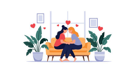 Fototapeta premium Happy lesbian couple holding hands on a sofa in a cozy living room surrounded by floating red love hearts.