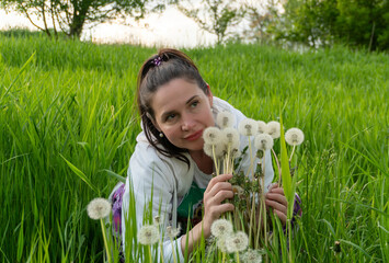 A smiling adult woman crouches in dense green grass surrounded by common dandelion seed heads, Taraxacum officinale. She gathers the mature wild plants in a playful spring portrait focused on nature,  © Volha