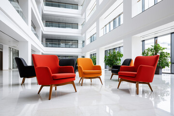 Fototapeta premium Modern office lobby with colorful armchairs in a bright atrium