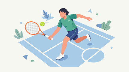 Fototapeta premium Tennis player runs across the court to return a yellow ball during a recreational game.