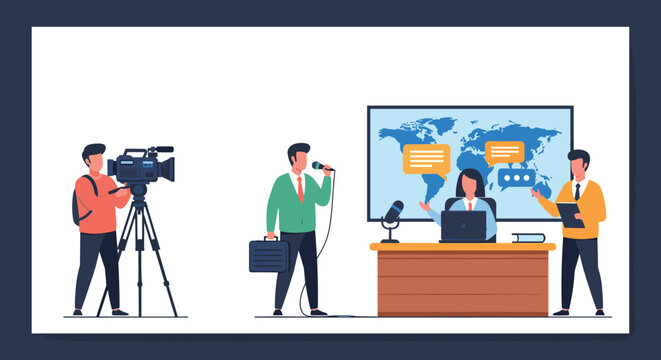 Television broadcasting news studio set with anchor, reporter, cameraman, and assistant coordinator in vector.