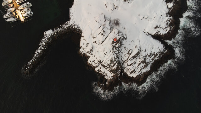 Aerial view of snowy coastline in Lofoten Islands
