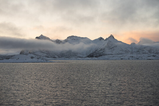 Lofoten Islands mountain range at winter sunset