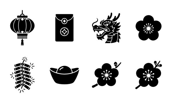 Chinese New Year Icons Set, Festive Dragon, Lantern, Red Envelope, Firecrackers, Gold Ingot, Plum Blossom Vector Graphics