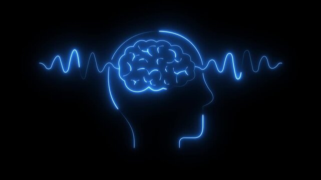 Glowing neon Human brain scan icon with wave lines on black background. Pulse wave in study neurology. animation