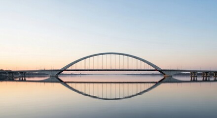 Fototapeta premium Elegant Arch Bridge Mirrored in Calm Water Under a Serene Sky at Dawn