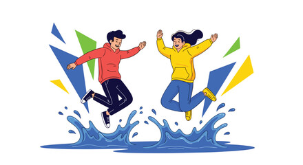 Fototapeta premium Two happy friends jumping in water puddles with splashes representing joy fun and careless childhood memories.