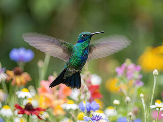 Fototapeta premium Vibrant hummingbird hovering among colorful flowers, showcasing its iridescent feathers