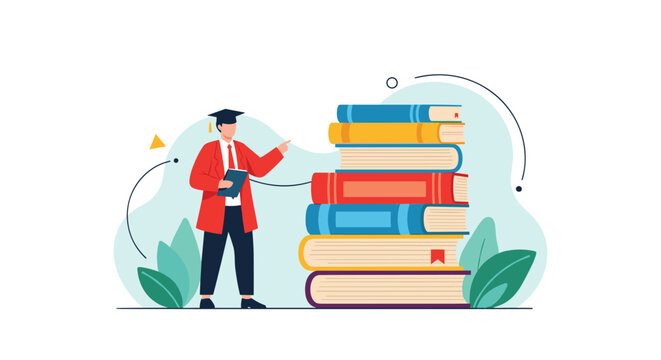 Proud graduate in academic cap and red coat pointing at a tall stack of colorful books representing higher education.