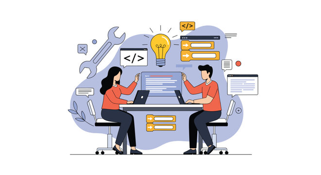 Two software developers coding and programming together at desk in modern office with virtual technology icons around.