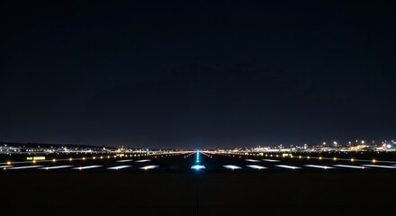Fototapeta premium Illuminated airport runway at night guiding aircraft toward their destination with vibrant lights