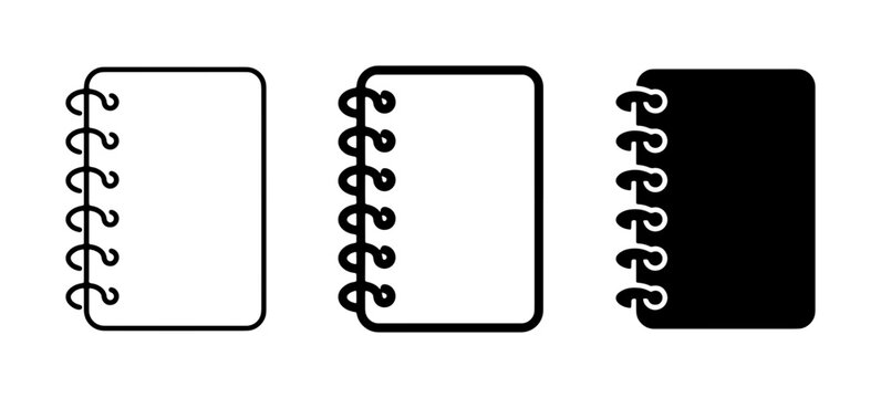 Spiral Notebook Icons, Blank Pages, Black Cover, Stationery Vector Set, Journal Design Elements