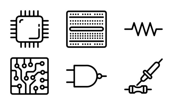 Electronic Components Icons Set, Microchip, Breadboard, Resistor, Circuit Board, Logic Gate, Soldering Vector Graphics for Technology and Engineering Concepts