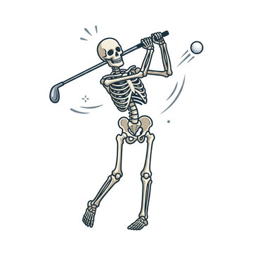 Skeleton playing golf hitting a ball with a club.