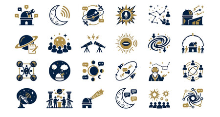 Fototapeta premium Astronomy icons featuring telescopes, planets, stars, and stargazing activities featuring telescope, moon, galaxy