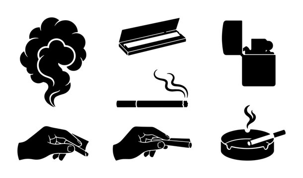 Smoking Icons Set: Cigarette, Lighter, Ashtray, Smoke Cloud, Rolling Papers, Hand Holding
