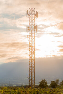 Telecommunication tower at sunrise near Lake Geneva