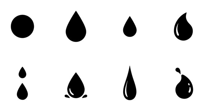 Black Water Droplet Icons, Liquid Splashes, Raindrops, Fluid Shapes Vector Set