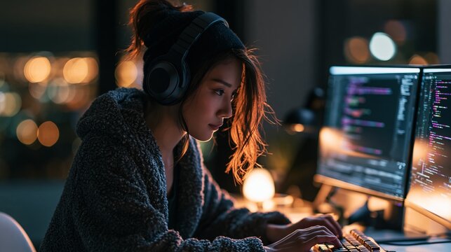 Focused young woman coding late at night, illuminated by multiple computer screens displaying complex programming code lines
