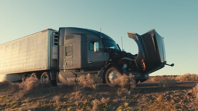 Semi truck breakdown with an open hood on a desert roadside