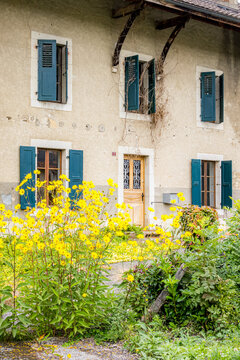 Rustic farmhouse facade with blue shutters and wildflowers