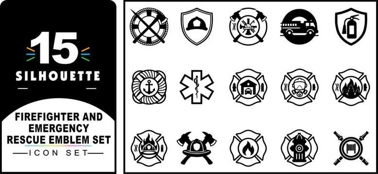 Firefighter and emergency rescue emblem set, 15 silhouette icon collection, black and white fire department badges and first responder symbols