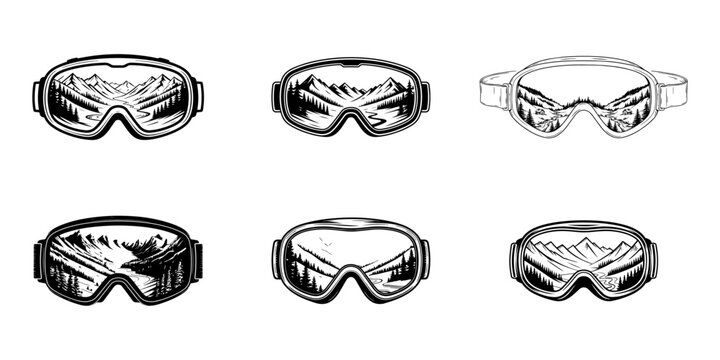 Collection of six different styles of ski or snowboard goggles, each with a detailed reflection of mountain landscapes in black and white.