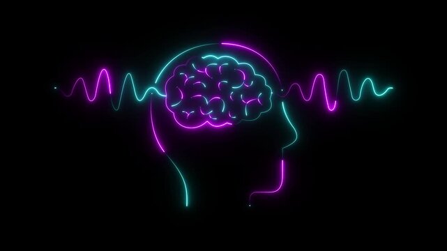 Glowing neon Human brain scan icon with wave lines on black background. Pulse wave in study neurology. animation