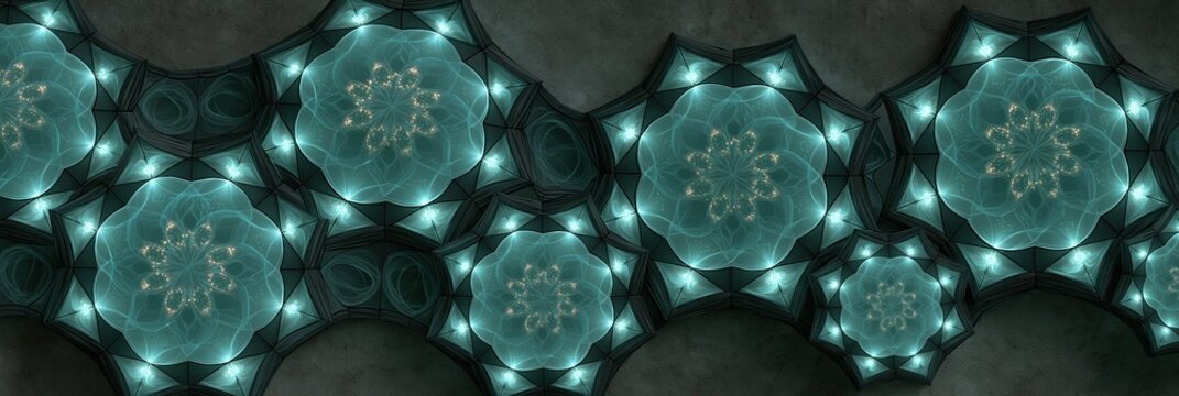 Abstract glowing fractal pattern with geometric tessellation and ethereal light