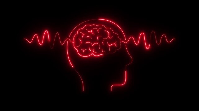 Glowing neon Human brain scan icon with wave lines on black background. Pulse wave in study neurology. animation