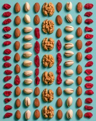 Nut arrangement on a blue background with various types of nuts and dried fruits displayed in patterns