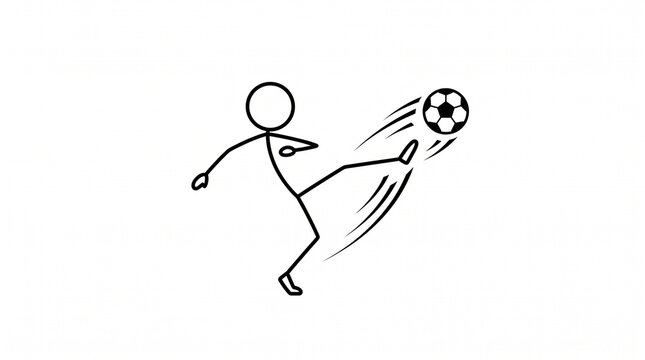 Minimalist Stick Figure Illustration of a Dynamic Soccer Player Kicking a Ball for Athletic Sports Design and Motion Concept