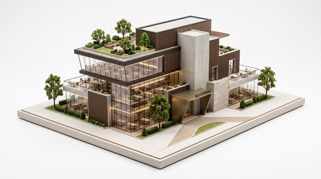 Modern 3D Architectural Model of a Contemporary Commercial Building with Roof Garden and Glass Facade