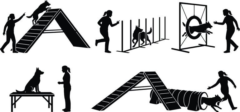 Black silhouette icons set of a dog and female trainer performing agility training exercises on an isolated white background