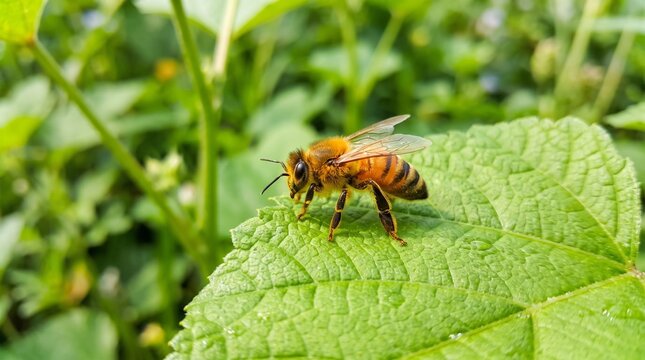 Honey bee standing on vibrant green leaf in sunny garden environment during summer season.
