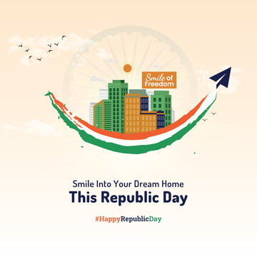 A creative Republic Day featuring a modern city skyline integrated with the Indian tricolor, symbolizing growth, progress, and national pride.
